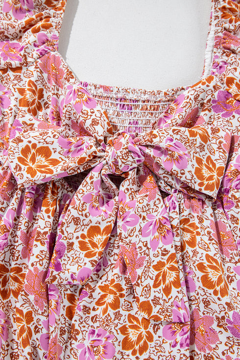 Pink Floral Square Neck Knotted Ruffle Midi Dress